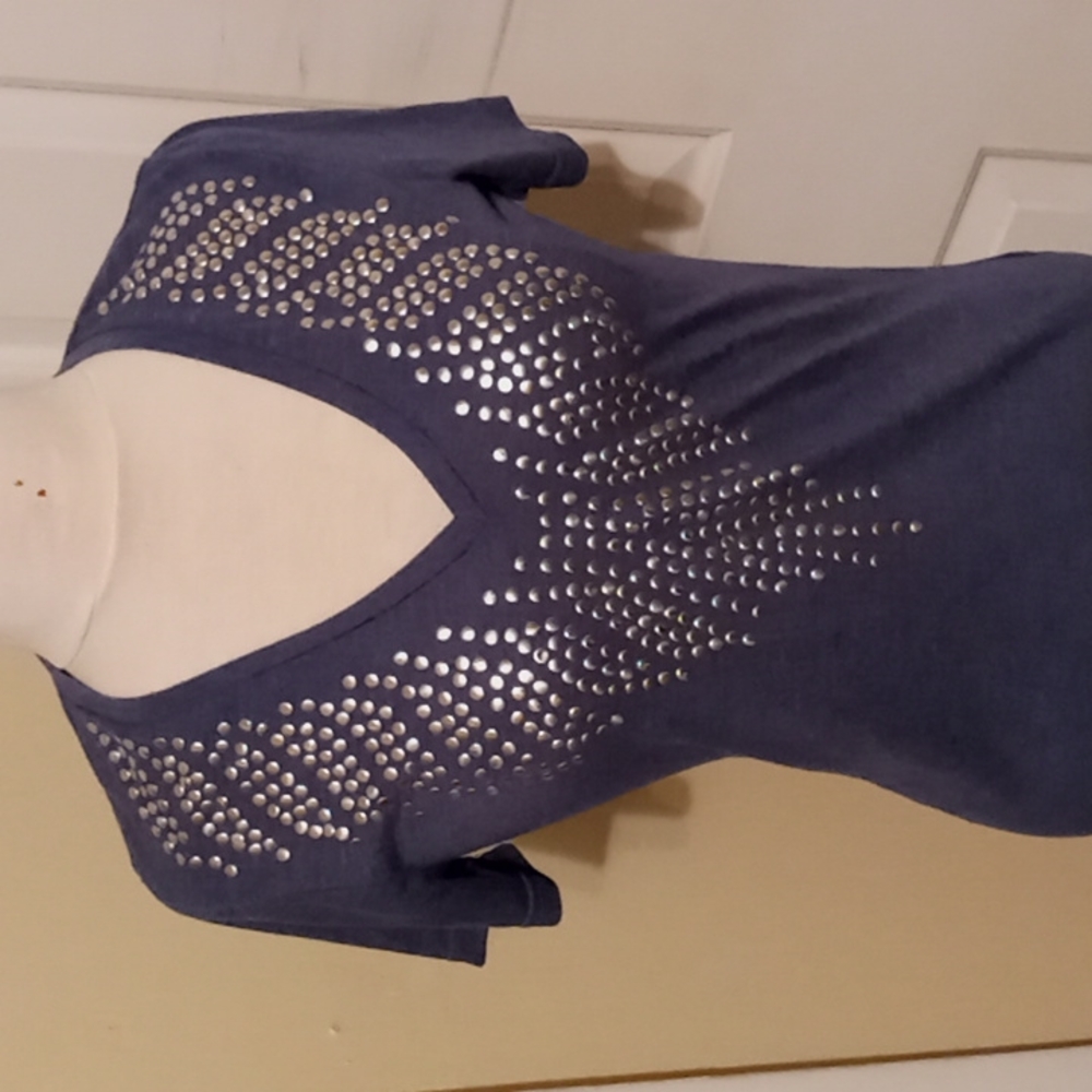 Blue Studded V-Neck Tee